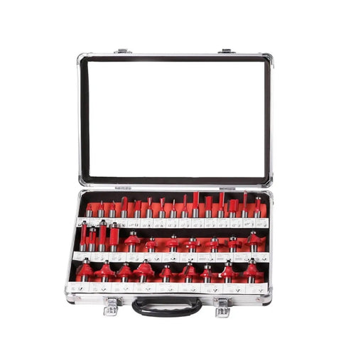 Top Shelf 35 Piece Carbide Router Bit Set With Tight Tolerance 12MM Shank showcasing bits in a silver case for wood carving.