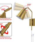 Modern Plug In Gold Wall Sconce Set Of 2 With Adjustable 180 Degree Light Heads For Bedroom And Living Room Easy Install Sleek Contemporary Look And Warm Luxe Glow showing rotation angles and features.