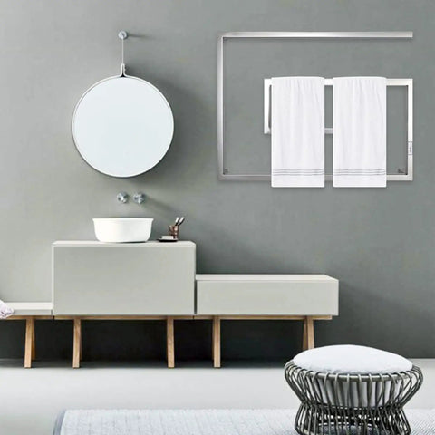 Modern bathroom with Plug In Or Hardwired Heated Towel Rack With Timer For Bathroom Wall Mounted 304 Stainless Steel Towel Warmer