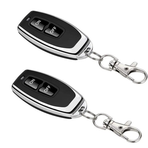 Long Range Wireless Remote Control Switch Kit with two black keychain remotes for DC 12V-72V systems, RF control, 328 ft range.
