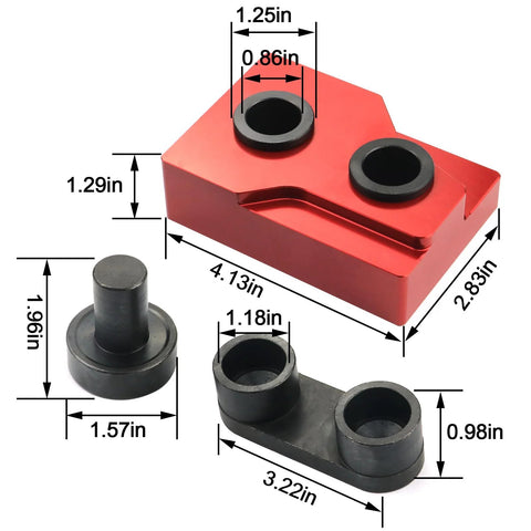 Harley Twin Cam camshaft bearing remover/installer tool set in red aluminum block with two black bushings (front view)