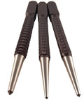 Nails It Dead On Center Punch Set With Knurled Grip Adjustable Spring Loaded Impact Tool For Wood Metal Plastic Built Like Iron Zero Sweat Workshop Essential That Truly Gets The Job Done, showing three punches with knurled grips.