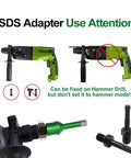 SDS Adapter instructions with hammer drill warnings and fixations for diamond hole saw use in construction tasks.