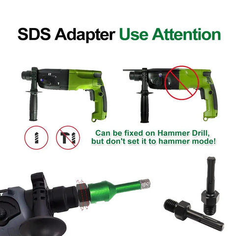 SDS Adapter instructions with hammer drill warnings and fixations for diamond hole saw use in construction tasks.