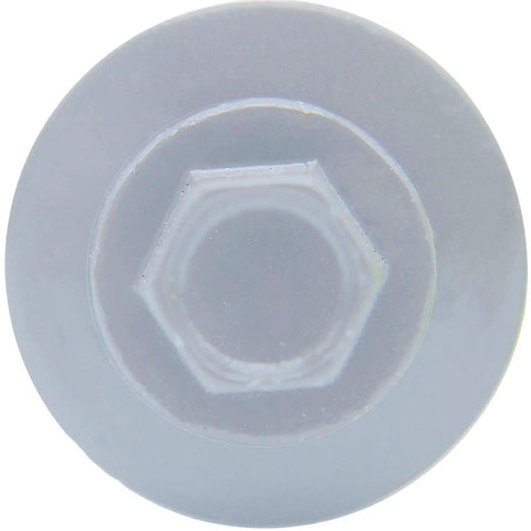 Top view of Workhorse Brite White Metal Roofing Screws with hex washer head, size 2 inch, for tough siding jobs.