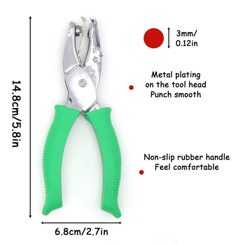 Handheld Round Hole Punch 3mm Circle Punch for craft paper and office use, metal body with green rubber handle, 3mm hole size shown