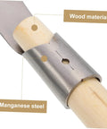 Close-up of Long Handle Manganese Steel Grass Sickle For Weeding And Harvesting, highlighting wooden grip and manganese blade joint.