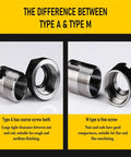 Comparison of Type A and Type M steel screw nuts for CNC milling, highlighting coarse and fine screw teeth differences.