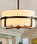 Four Light Modern Drum Chandelier With Fabric Shade, Semi Flush Mount Ceiling Light In Matte Black Iron in living room