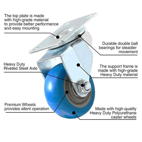 8 Pack 3 Inch Swivel Caster Wheels With Plate No Brake Heavy Duty Blue PU Wheels And Heavy Duty Screws For Carts Dollies Tool Boxes And Industrial Equipment Locking Option Available with detailed specifications
