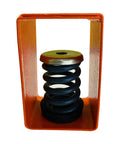 Top Shelf Spring Hangers Vibration Isolators Cushion Mechanical Buzz For Hvac And Pu Rigs Rated For Six Sixty Lbs Load With One Inch Drop Powder Coated Grey Set Of Four Hardened Steel Mounts, showing orange frame with spring.