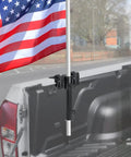 Universal Truck Bed Flag Pole Mount Kit Featuring Beefy No Drill Hardware Legit Rust Resistant Finish And Quick Turn Hand Tighten Knobs For Rv Trailer Camping Accessories Fits Up To One Point Five Inch Tubes Hassle Free with mounted American flag.