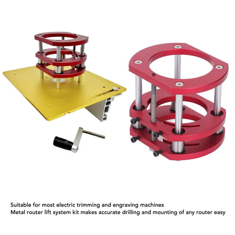 Solid As Rock Aluminum Router Table Insert Plate With Precision Spacers For Woodworking Benches Diy Garages And Milling Setup, gold and red metal design.