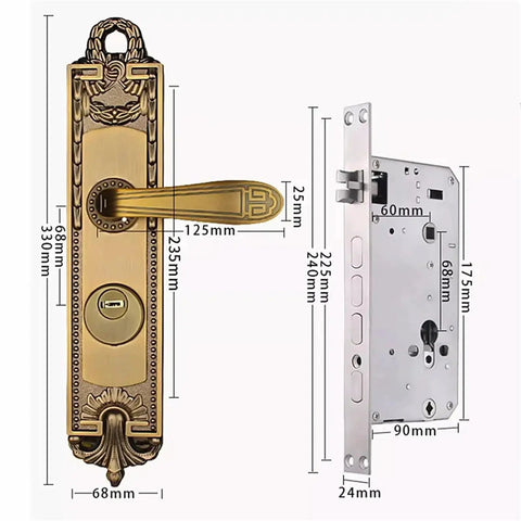 Dimensions of Retro Style Zinc Alloy Door Knob Lock With Key For Indoor Security, showing detailed measurements and design.
