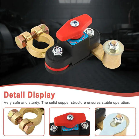 Super Cool Smart Battery Cut-Off Switch For 12v-To-24v Cars And Trucks Plus Boats featuring copper terminals and adjustable design.