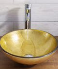 Bathroom Vessel Sink,Tempered Glass Sink Yellow Round Wash Basin Bowl with chrome faucet and water flow.