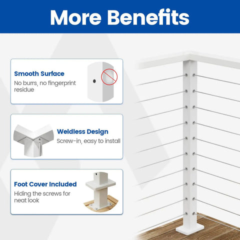 Corner Cable Railing Post 36 Inch Square 2 By 2 T Drilled One Post Corner Solution Surface Mount White Stainless Steel features
