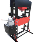 Heavy Duty 100 Ton Electric Hydraulic Shop Press Featuring A Quick Slide Carriage Winch And Easy Height Adjustments side view with motor and controls.