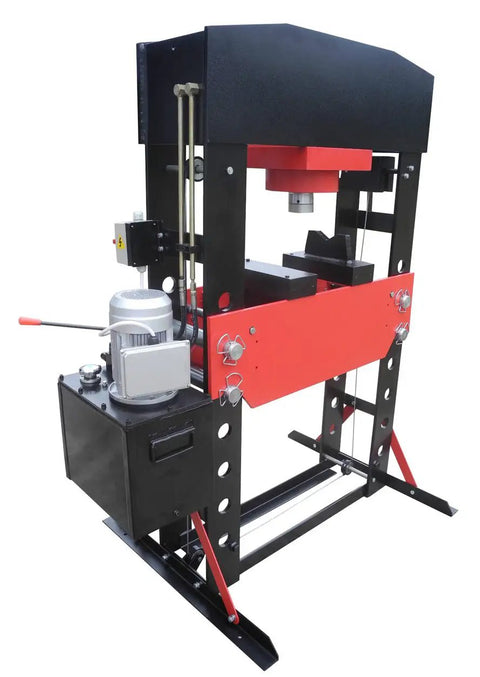 Heavy Duty 100 Ton Electric Hydraulic Shop Press Featuring A Quick Slide Carriage Winch And Easy Height Adjustments side view with motor and controls.