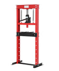 Top Shelf 12 Ton Hydraulic H Frame Shop Press With Included Press Plates And Adjustable Base, red steel frame for auto repair.