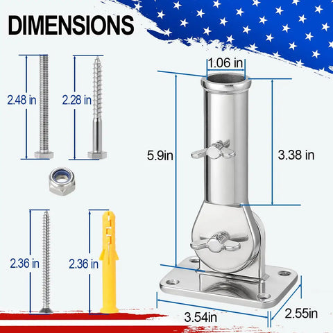 180 Degree Adjustable Flag Pole Holder Mount In Marine Grade 316 Stainless Steel For Outdoor Use with dimensions