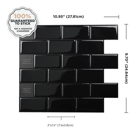 Peel And Stick Backsplash Tiles For Kitchen And Bathroom, 10.95x9.70 Inches, 3D Self Adhesive Tile Backsplash With Subway Nero Look, 10 Sheets, No Mess Easy DIY Wall Tile Upgrade shown with dimensions