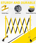 Rock Solid Rolling Security Gate 17ft Expandable Metal Barricade Heavy Duty with yellow finish and sturdy wheels.
