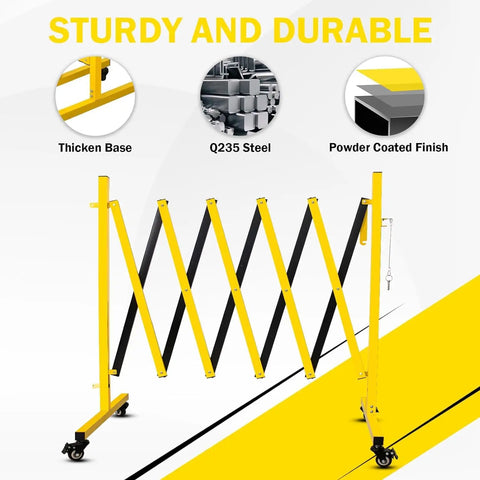 Rock Solid Rolling Security Gate 17ft Expandable Metal Barricade Heavy Duty with yellow finish and sturdy wheels.