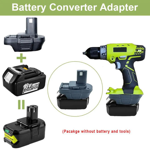 Cross Brand Battery Adapter Lets You Swap Makita 18V Lithium Into Ryobi 18V One Plus Tools Converts BL1860B BL1850B BL1840 BL1830B BL1815 To P102 P108 Easy Plug And Play Upgrade For Longer Run Time showing adapter connected to a drill.