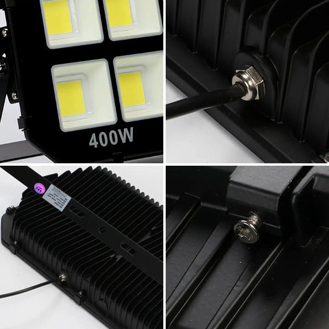 JUDYSSY Bright Led Floodlight 30W-600W， close-up of 400W design showing durable aluminum casing and cooling fins.