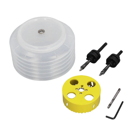 Precision 4.25 Inch Hole Saw Kit For Recessed Lighting And Can Lights. Steel cutter with dust bowl, drill bits, and wrench.