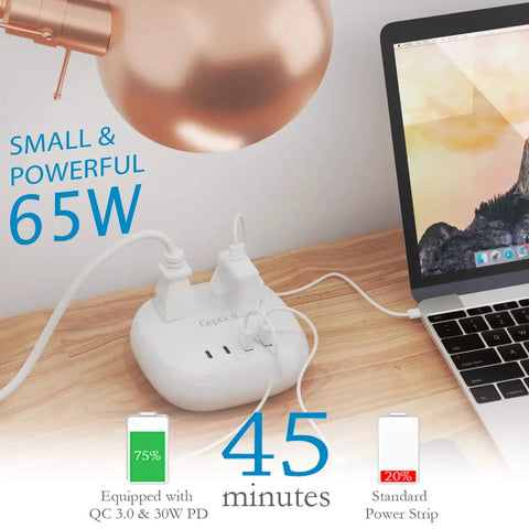 65W USB Power Strip With Surge Protection charging laptop on desk with dual USB ports and USB C, Quick Charge 3.0 PD feature.