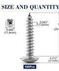 100 Pack 10 Gauge 1 Inch Truss Head Self Tapping Wood Screws Featuring Phillips Drive Made From Solid 304 Stainless Steel, size details shown.