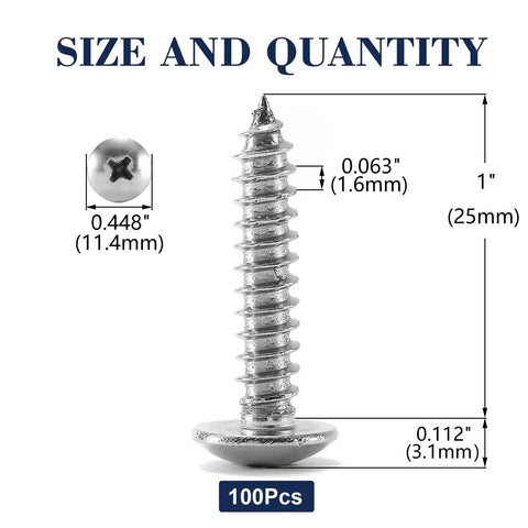 100 Pack 10 Gauge 1 Inch Truss Head Self Tapping Wood Screws Featuring Phillips Drive Made From Solid 304 Stainless Steel, size details shown.