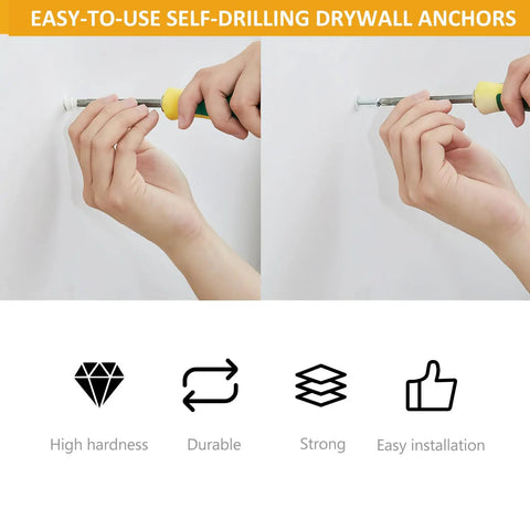 Using Self Drilling Drywall Anchors and Screws Kit for easy install, showing heavy duty plastic nylon anchors