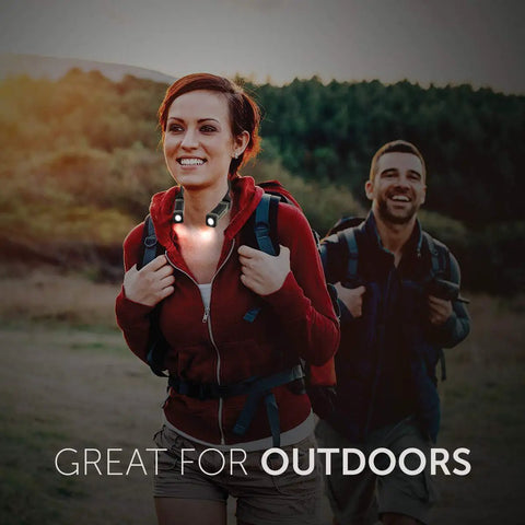 Hands Free Neck Light For Camping Hunting And Work, ultra bright water resistant green necklamp on woman hiking outdoors