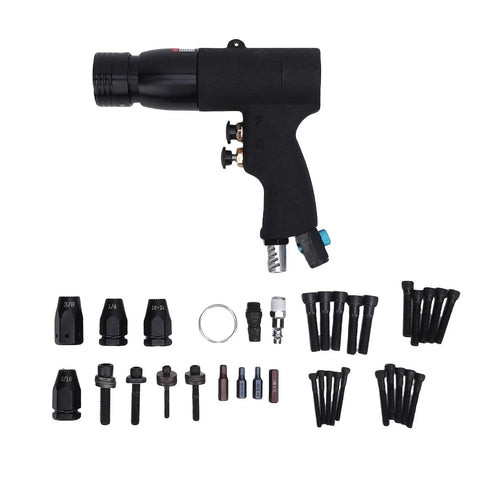 Pneumatic Rivet Nut Kit With 400 RPM Air Tool, Four Nozzles For One Quarter Inch, Five Sixteenth Inch, Three Eighth Inch, And Ten Twenty Four Thread Sizes, Fits M8 To M10, Tool Free Nozzle Change, Self Locking Mandrel For Quick On The Job Install