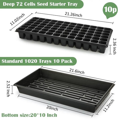 Heavy Duty Reusable Plastic Seed Starter Kit With 10 Sets Of 1020 Trays No Holes And 10 Packs Of 72 Cell Seed Starter Trays