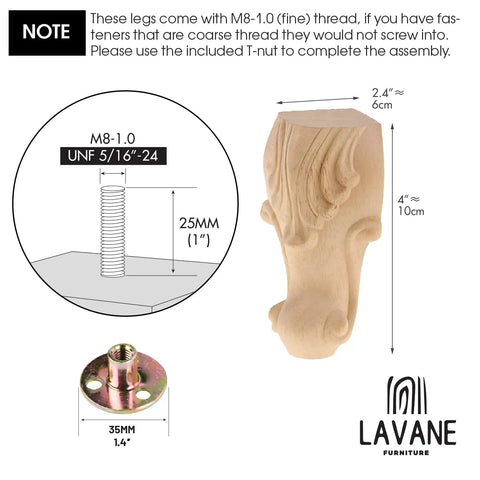 Premium Four Inch Solid Wood Furniture Legs European Carved Style showing M8-1.0 thread and T-nut for installation detail.