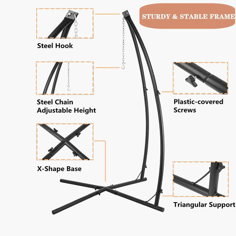 X Shaped Hanging Tree Tent With Swing Chair And Stand Patio Canopy showing steel hook, X-shape base, and triangular support.