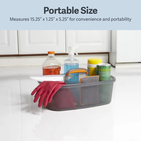 Portable Cleaning Caddy With Handle For Easy Mobility And Storage Multipurpose Organizer For Home Office Or Professional Use Lightweight Gray Plastic Bin 1.85 Gallon Capacity Durable Grab And Go Design With Stackable Features containing cleaning supplies.