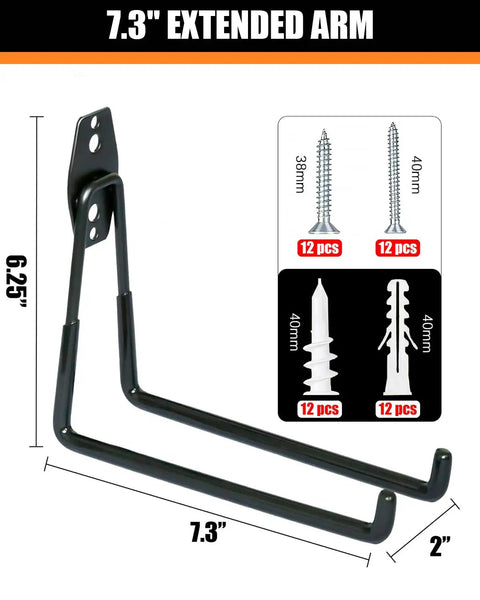 Tough As Nails Heavy Duty Garage Hooks Six Pack, 7.3-inch wall mounts, triple welded steel, PVC coated, with screws and anchors.