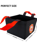 Black collapsible water bucket with red handles, 6x6x5 inches, perfect for grill cleanup and outdoor adventures, ultra durable, foldable.