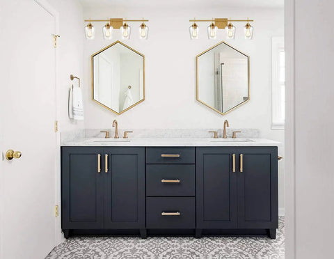 Industrial 4 Light Vanity Fixture With Clear Glass Bath Wall Sconces In Dope Gold Finish, Mid Century Inspired Vibe For Modern Bathrooms