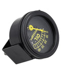 Front-angled view of black oil pressure gauge with yellow needle and mounting bracket