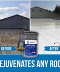 Straight Up Heavy Duty Liquid Butyl Rubber Roof Coating in a five gallon bucket shown before and after application on a roof.
