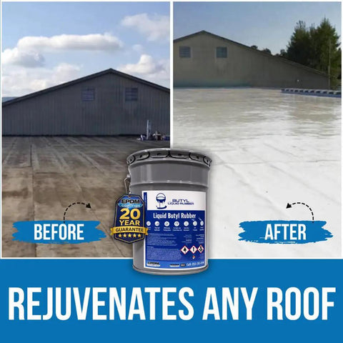 Straight Up Heavy Duty Liquid Butyl Rubber Roof Coating in a five gallon bucket shown before and after application on a roof.