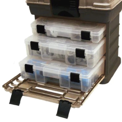 Stow N Go Toolbox Pro Rack Organizer with graphite gray and sandstone finish, showing three removable StowAway compartments
