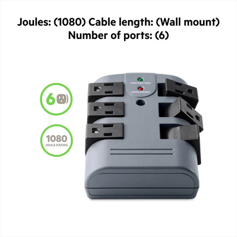 Six Outlet Power Strip Surge Protector With Rotating AC Outlets And Flat Pivot Plug, shown with 1080 joule rating