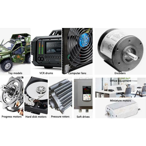 Collage of various motors and components including toy models, VCR drums, computer fans, encoders, and miniature motors.